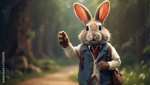 rabbit in the park, Charming Rabbit Waving in Jacket: Standing Tall on the Road - Explore the Whimsical World of this Adorable Bunny, Clad in a Stylish Jacket, Radiating Charm and Playful Elegance photo