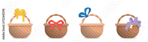 Set of wicker baskets with decorative ribbons isolated on white background, colorful, rustic style, vector cartoon illustration or icon