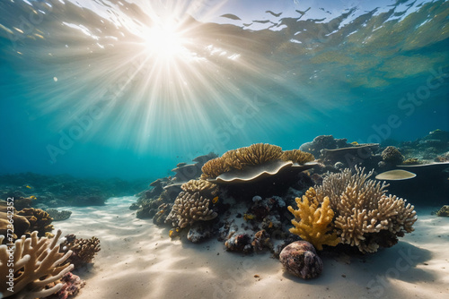 An underwater view of a sandy ocean floor with sunlight streaming through the water and a coral in the foreground