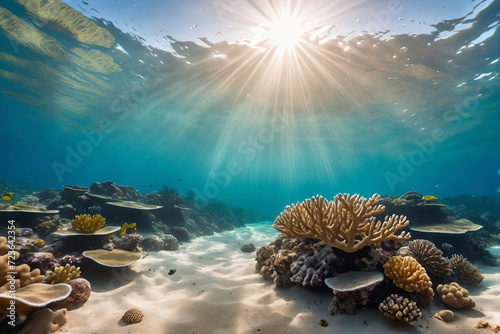 An underwater view of a sandy ocean floor with sunlight streaming through the water and a coral in the foreground