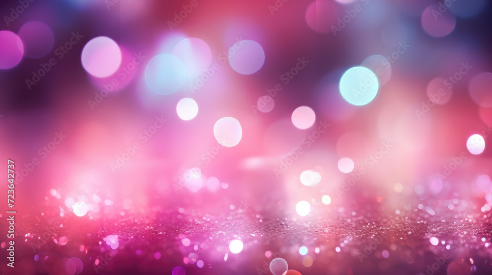 Abstract bokeh effect blurred background. Pink glitter with sparkle. Copy space. 