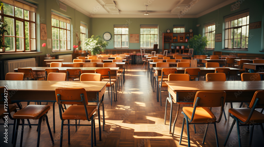 Empty Classroom. Back to school concept in high school. Classroom Interior Vintage Wooden Lecture Wooden Chairs and Desks. Studying lessons in secondary education 