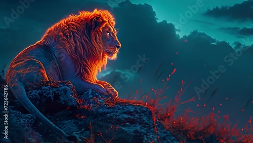A neon lion perched on a rock its bright orange mane glowing against the dark blue savannah sky. photo