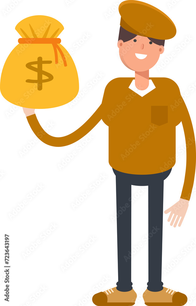 Boy with Cap Character Holding Dollar Sack
