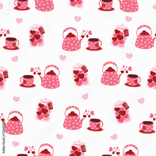 pink valentine love heart tea set seamless pattern vector illustration  for decoration invitation greeting birthday party celebration wedding card poster banner textiles wallpaper background