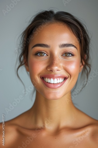 Portrait of a smiling young woman with brown hair and brown eyes