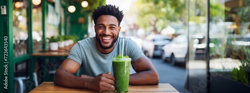 African American black man drinking healthy green juice looking at camera. Copy space. photo