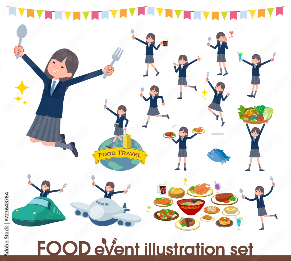 食のイベントに関する紺ブレザー女子学生のセット 食のイベントに関する紺ブレザー女子学生のセット