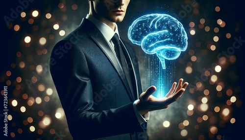 Un homme tient un cerveau dans ses mains , idéal pour article, blogs traitant de : l' intelligence artificielle, Piraterie, sécurité informatique, virus, hacker, hacking, pirate photo