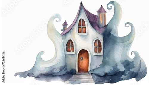 Ghost fantasy house, copyspace on a side, watercolor art style - Illustration for children