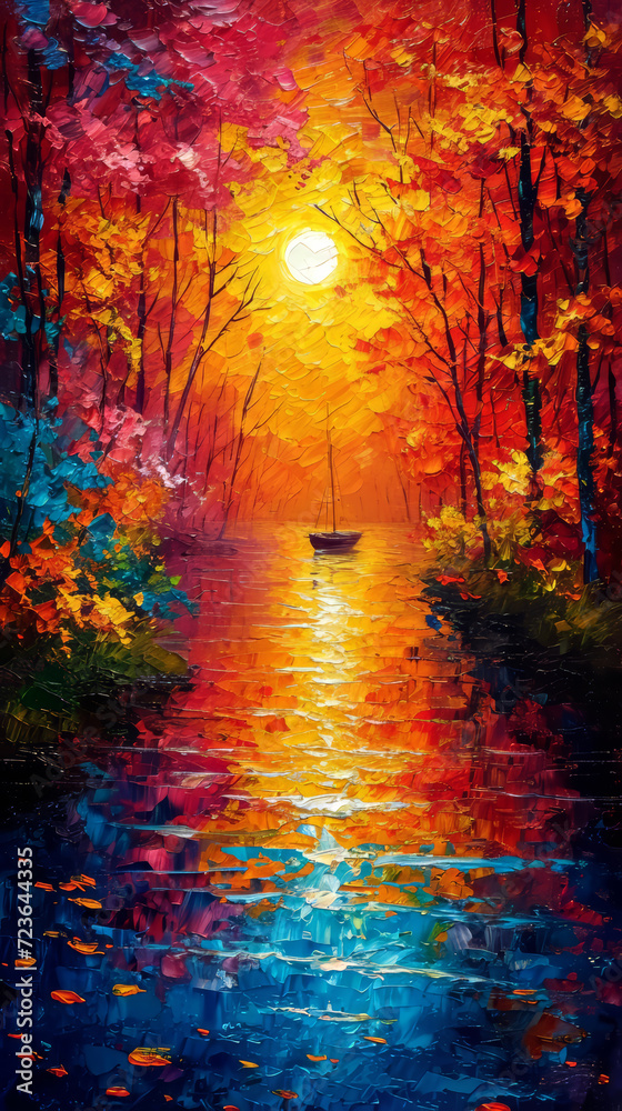 Autumn landscape with bright colorful leaves. Illustration oil painting.