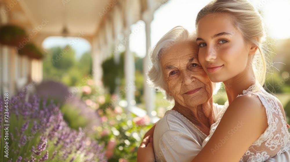 An elderly woman and a young woman are hugging outside in a garden setting.