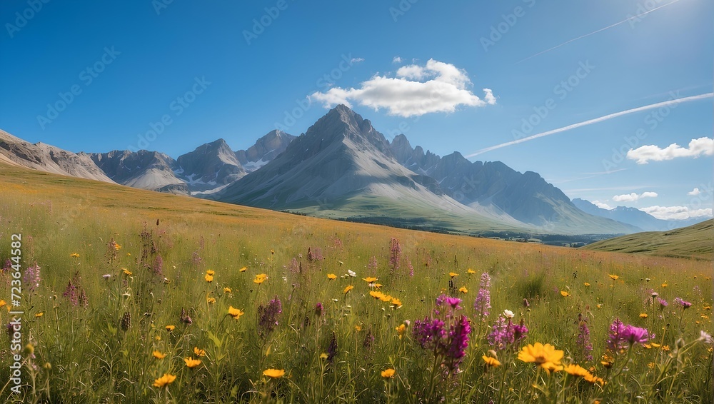 Wildflower meadow with a mountain backdrop, clear sky. generative AI
