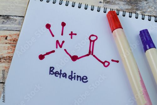 Concept of Betadine write on book isolated on Wooden Table. photo