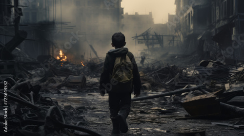 Young Survivor, Children Navigate War-Torn Urban Landscape photo