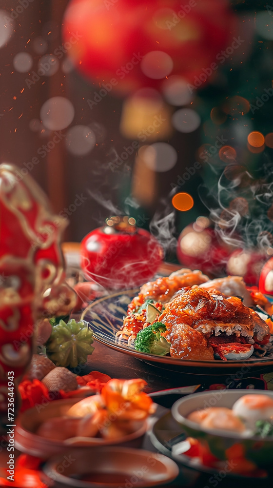 Celebrating chinese new year dining and various Chinese dishes with  blur background and bokeh image