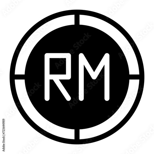 Ringgit flat icon. Vector black symbol on white background. Pictogram is isolated. Designed for web and software interfaces.