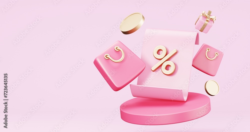 Valentine's Day Sale , online shopping , promotion sale with gifts and bag shopping on minimal pink gold background , product display and Heart. web poster, flyer , 3d rendering Valentine's Day Sale , online shopping , promotion sale with gifts and bag shopping on minimal pink gold background , product display and Heart. web poster, flyer , 3d rendering
