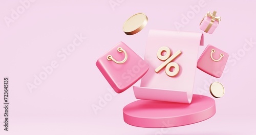Valentine's Day Sale , online shopping , promotion sale with gifts and bag shopping on minimal pink gold background , product display and Heart. web poster, flyer , 3d rendering