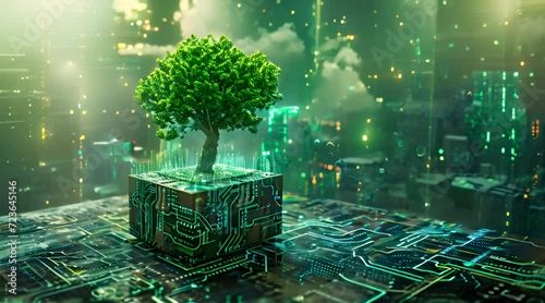 Eco-Futuristic Cityscape: Green Tree on Digital Circuit Cube