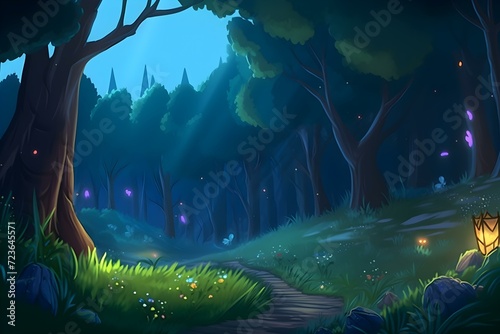 Enchanted Forest Path Illuminated by Fireflies