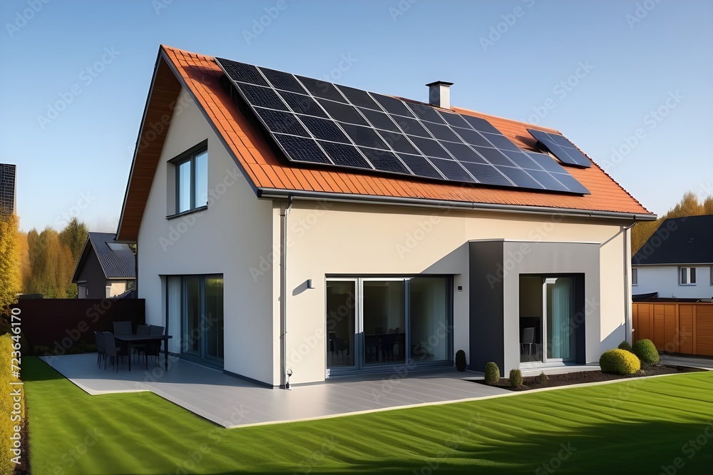 New suburban house with a photovoltaic system on the roof New suburban house with a photovoltaic system on the roof
