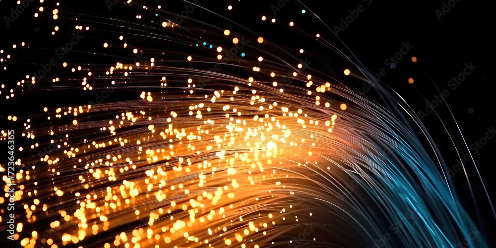 Obraz premium 3D Rendering of abstract wire cable tunnel with digital binary data transmitting.orange Glowing data cables transferring information. futuristic, Technology, machine learning, big data, virtualization