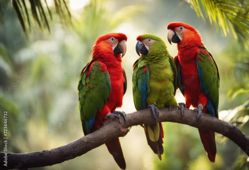 AI generated illustration of ara parrots perched on a branch in a jungle