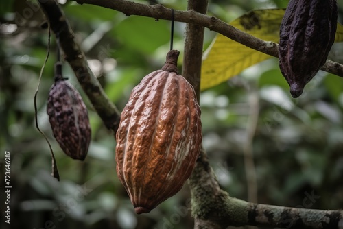 Hanging dried pods cocoa beans. Raw chocolate natural tropical ingredient seeds. Generate ai