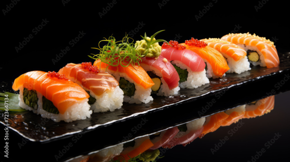 Side view of portion of Japanese sushi roll with caviar, avocado and salmon on top served on wooden board. Side view of portion of Japanese sushi roll with caviar, avocado and salmon on top served on wooden board.