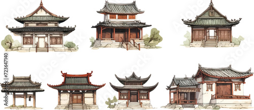 Set of ancient Chinese style houses on a white background.