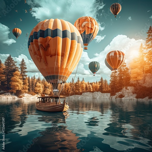 Fantastic scene of multiple hot air balloons floating over a body of water