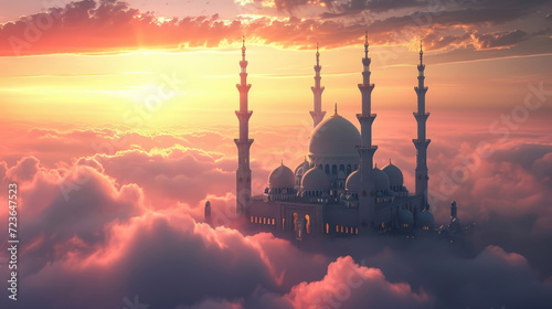 Majestic mosque above the clouds under the golden sunrise