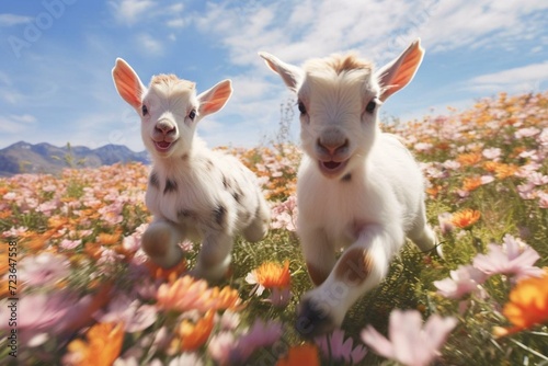 Two playful baby goats frolic in a flowery field. Generative AI photo