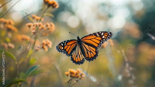 Vibrant Monarch Butterfly Resting on Wildflowers in a Sunlit Meadow © stock photo