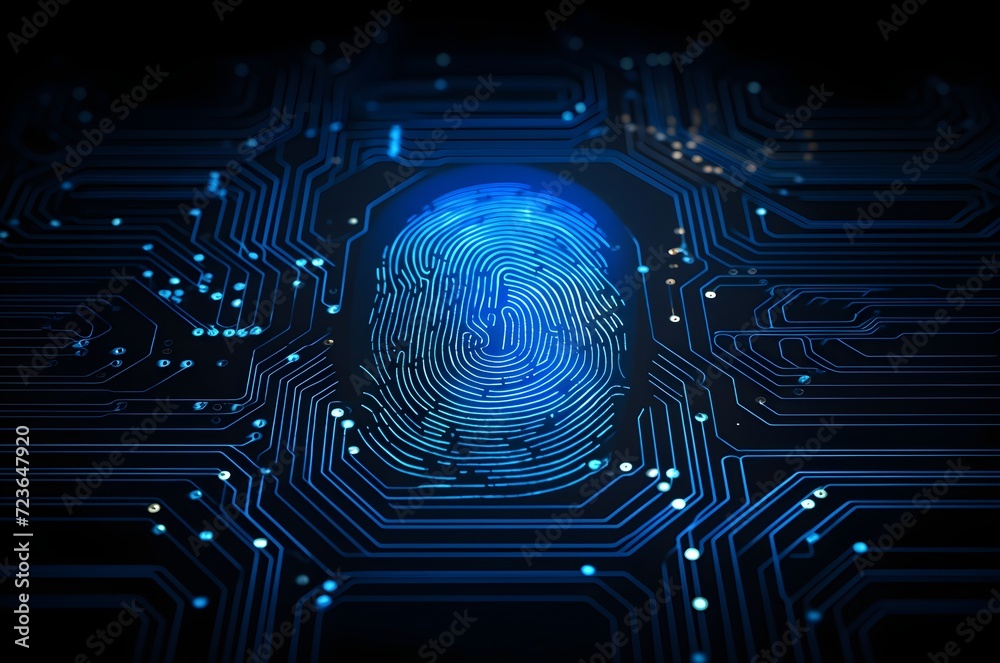 A single fingerprint is displayed on a vibrant blue background. Scanning system of the fingerprint technology. Generative AI A single fingerprint is displayed on a vibrant blue background. Scanning system of the fingerprint technology. Generative AI
