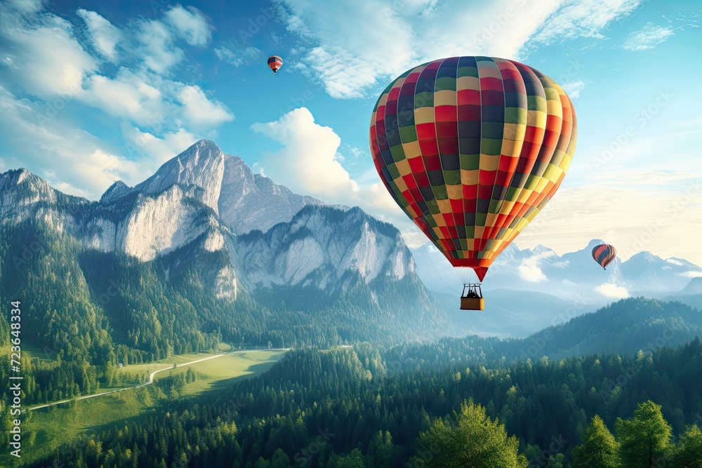 Flying over the mountains in a colorful hot air balloon Flying over the mountains in a colorful hot air balloon