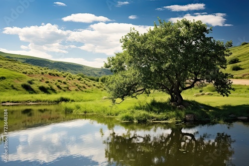 A serene scene of a large, leafy tree next to a still lake © shelbys