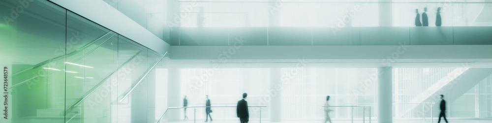Fototapeta premium light blurred green background eco business center, long narrow panoramic view office building inside interior, silhouettes of people