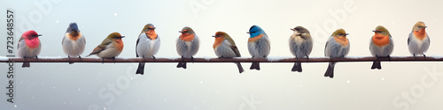 long narrow panoramic view winter postcard  a row of colorful little birds in a snowfall on a branch  snow weather nature