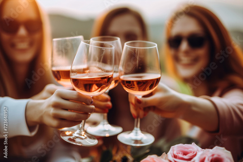 People toasting rose wine outside at a winery. Lifestyle concept with friend enjoying good time. photo
