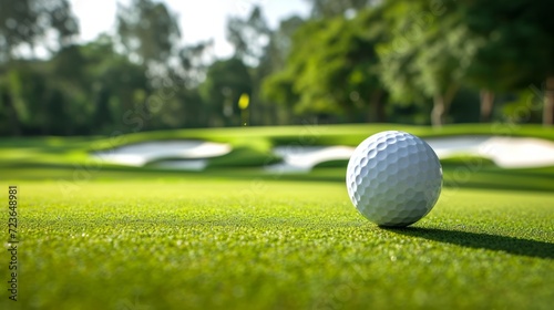 Close-up of a golf ball on a putting green with the pin and green in the background photo