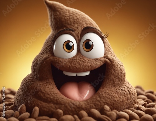 A playful poo emoji  with big eyes and a wide smile  joyfully surrounded by coffee beans against a warm yellow backdrop