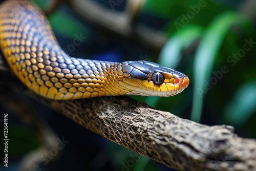 Venomous snake on tree branch. Closeup of beautiful snake in the wild