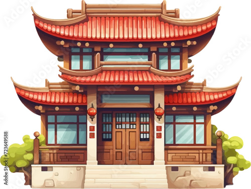 Single house in retro Chinese style on white background.