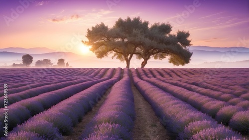 Sunrise over a lavender field, soft morning light. generative AI