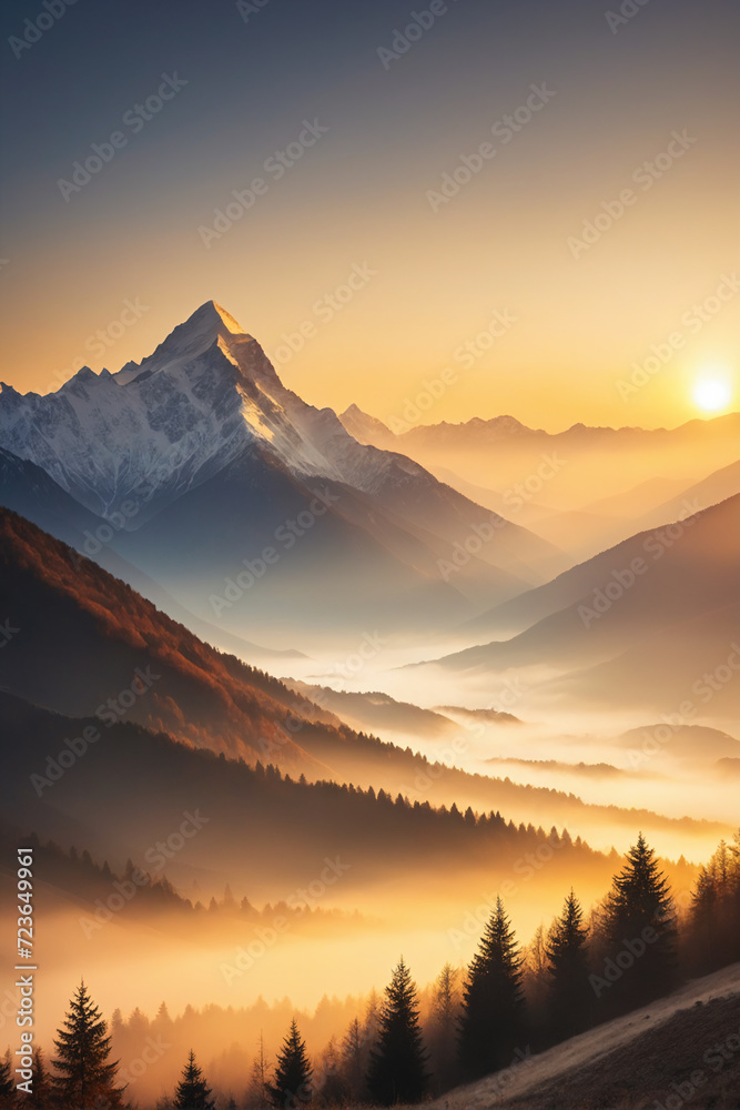 Image of golden sunrise illuminating the misty mountains. The soft gradients and ethereal atmosphere can inspire breathtaking digital art pieces