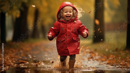 little girl in red raincoat and boots running in autumn landscape