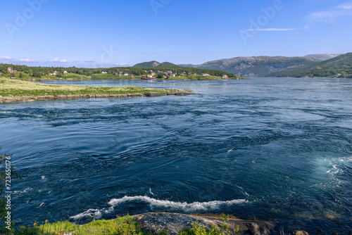 The Saltstraumen current is a symphony of color and motion  its vibrant blues and whites creating a stunning natural mosaic. Bodo  Norway