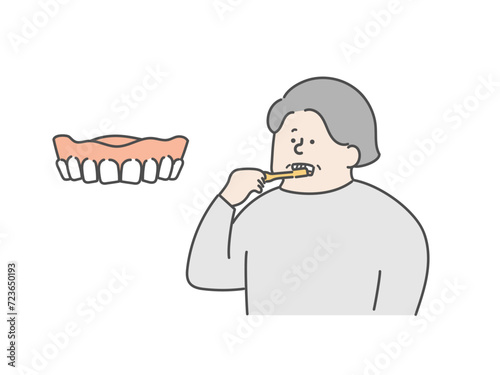 口腔ケアをする高齢女性と入れ歯のイラスト